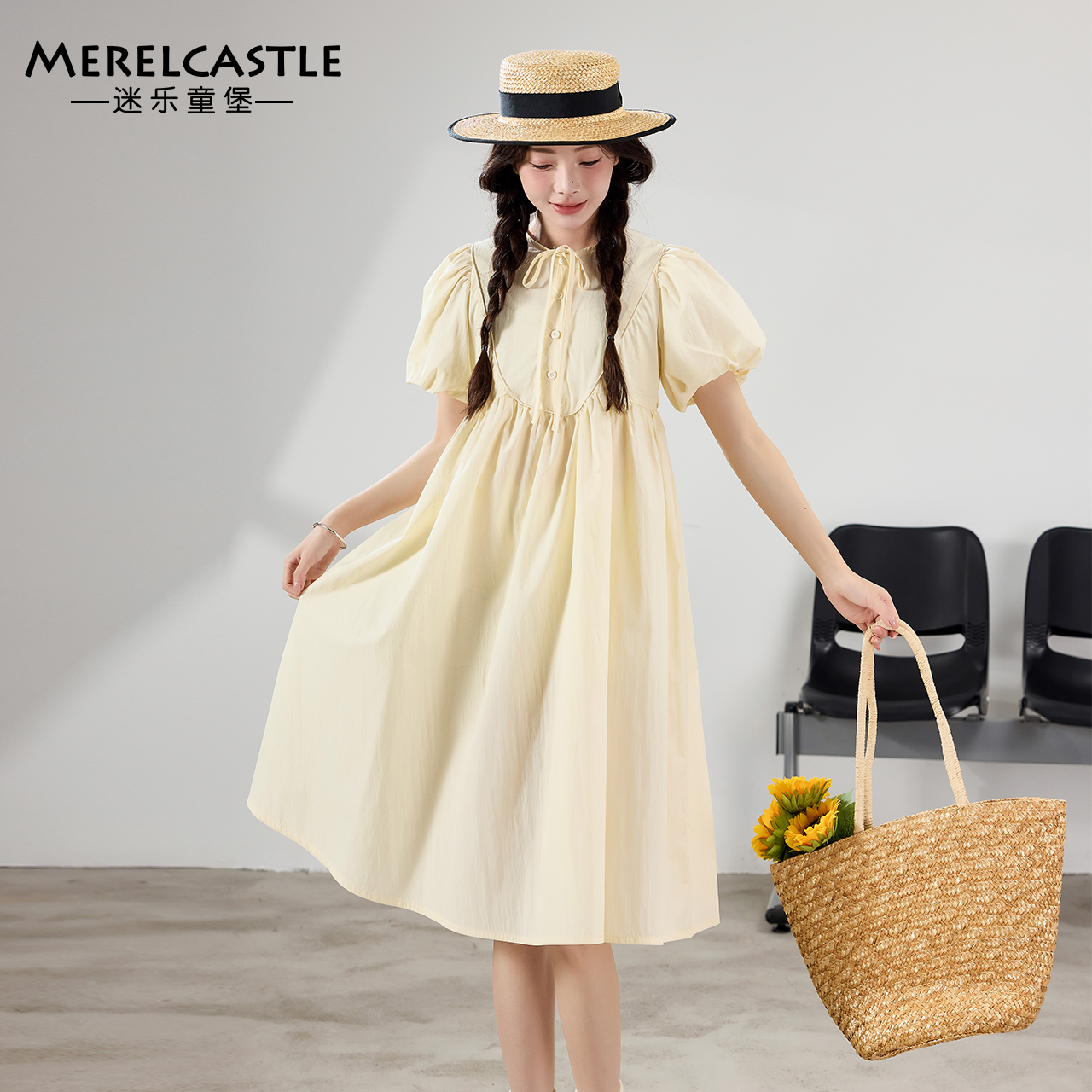 C4911女童泡泡袖连衣裙夏季2025新款初中生女孩夏装大童裙子