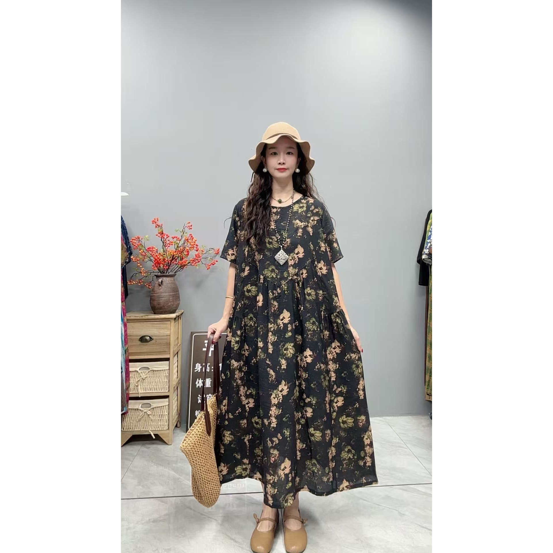 5401夏季新款清凉气质时尚复古遮肚宽松女显瘦百搭圆领休闲连衣裙