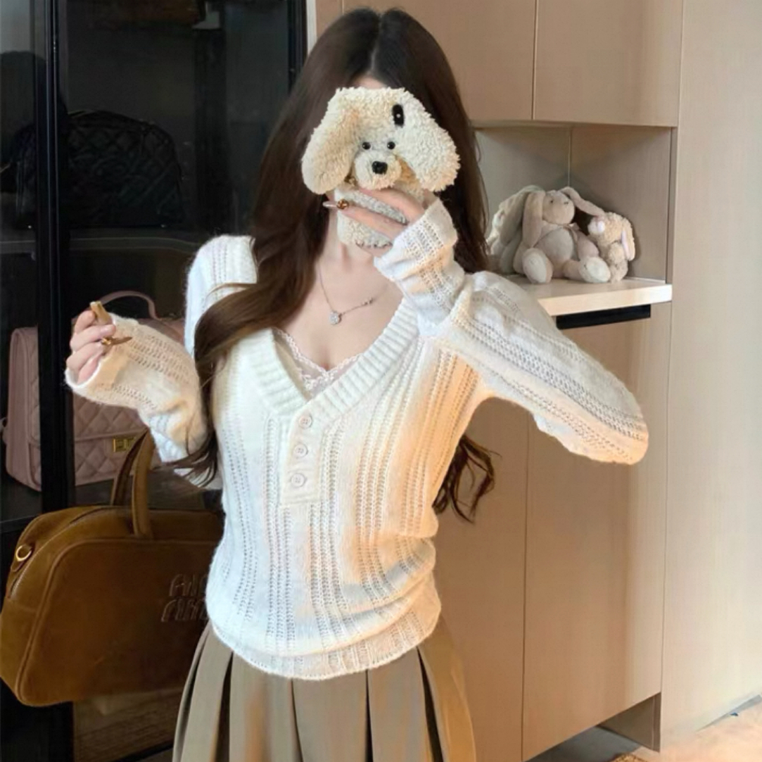 【V领针织长袖宽松蕾丝秋季设计感毛针织衫镂空】