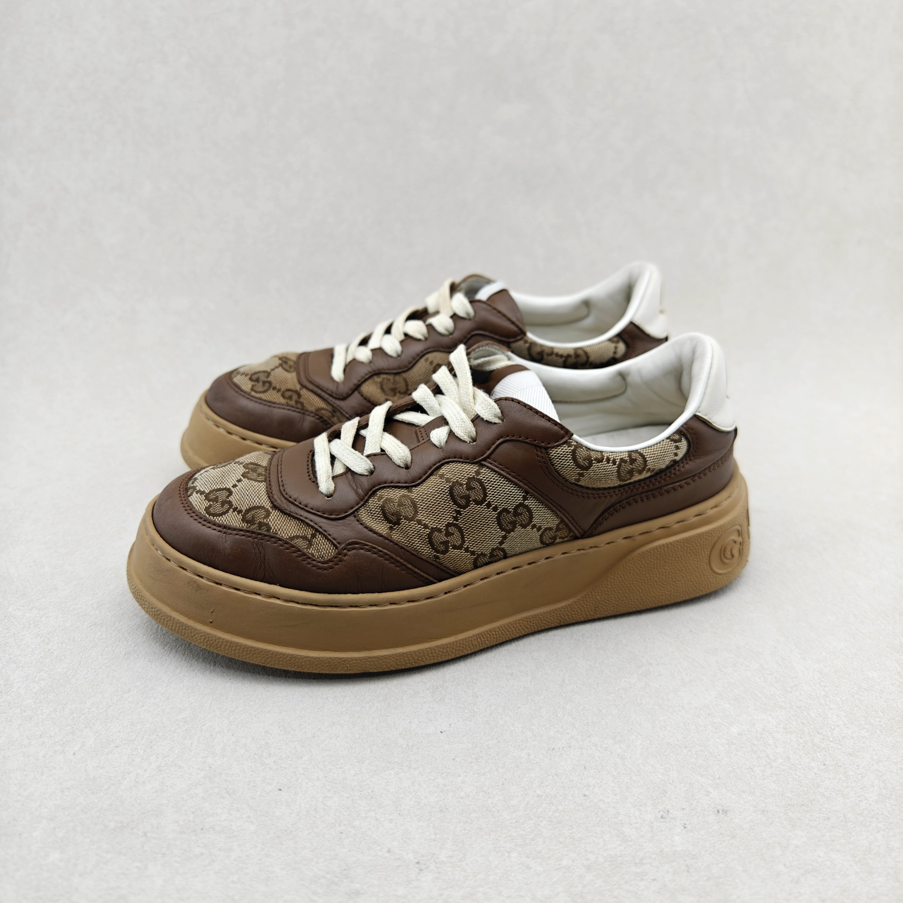 95新 GUCCI/古驰 41.5码/经典款双G互扣厚底棕色饼干鞋板鞋/无盒