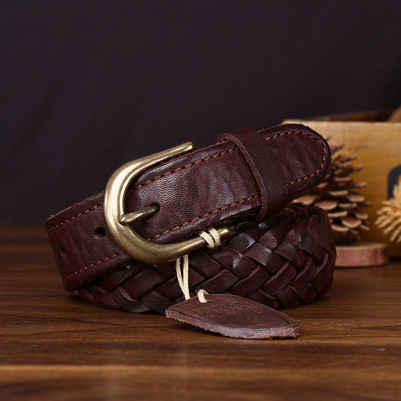 新款真皮手工编织皮带女真皮头层牛皮百搭复古编制休闲牛仔裤腰带