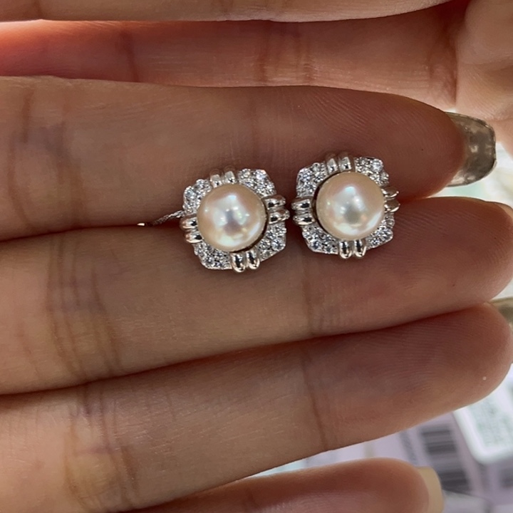 银S925镶嵌耳饰海水珍珠7-8mm54号