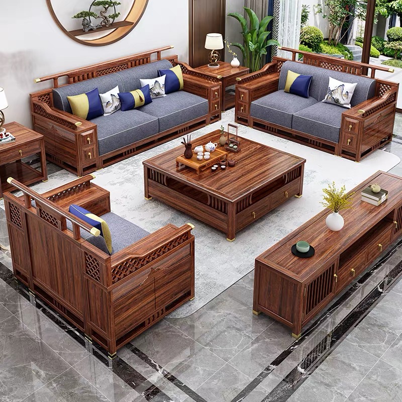新中式客厅茶几电视柜家具组合套装乌金木别墅大户型储物实木沙发