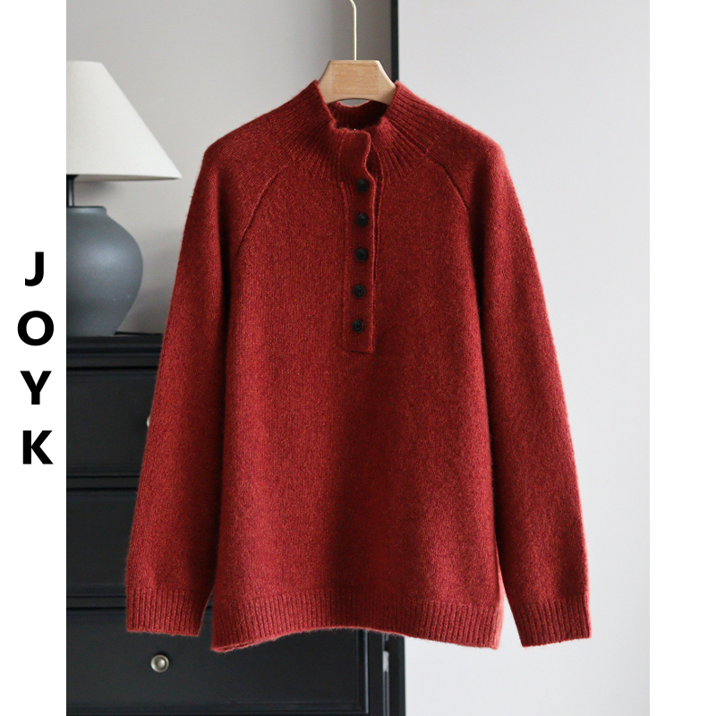 JOYK83.4山羊绒16.6%桑蚕丝白厂丝半开襟亨利领羊绒衫365克 25062