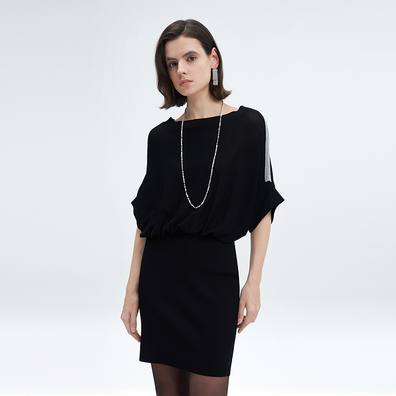 ANMANI恩曼琳25春季新款优雅通勤一字肩针织修身连衣裙EANFAA60