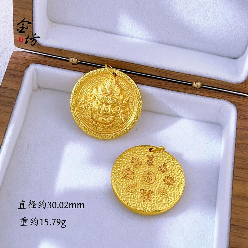 古法锤纹黄财神项链复古金色圆形双面个性浮雕圆牌吊坠国潮风