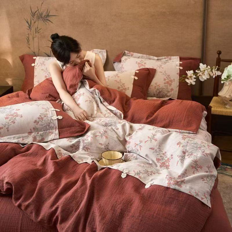 新中式全棉提花双层纱盘扣四件套