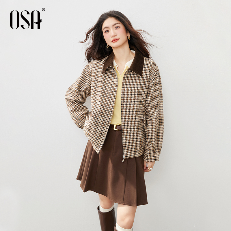 OSA/欧莎 复古千鸟格外套女宽松巴恩风撞色翻领夹克S125D25006