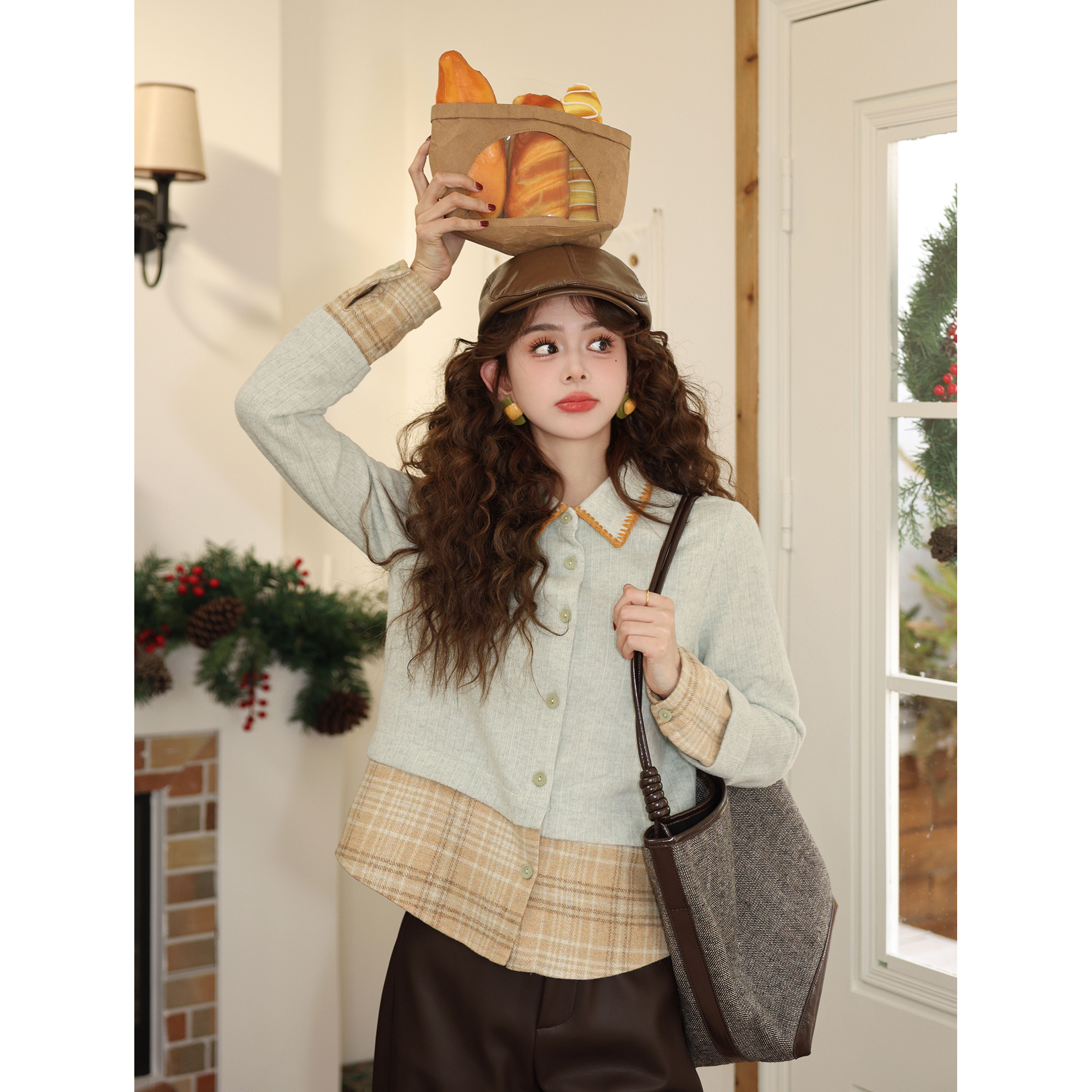 陈大器【青黛描眉】复古港风假两件长袖百搭宽松上衣衬衫JH5749299