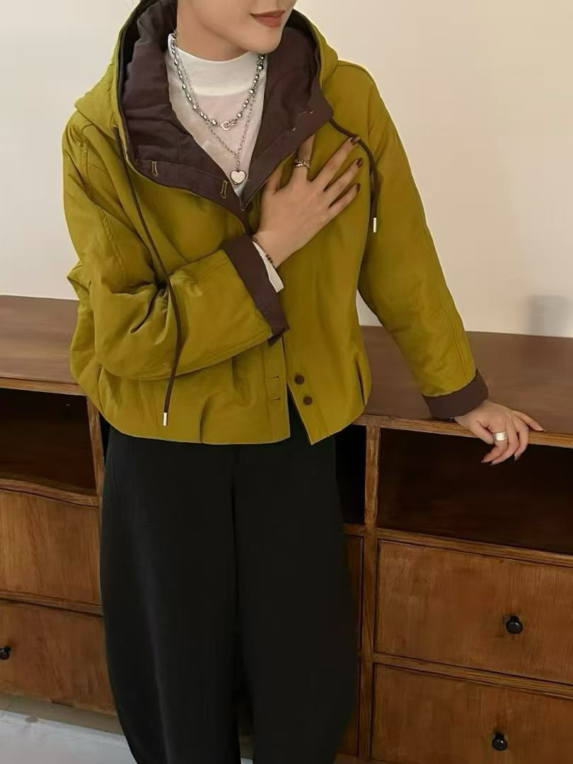 10#短款刺绣百搭耐磨女短外套立领棉衣黄色棉服连帽厚款