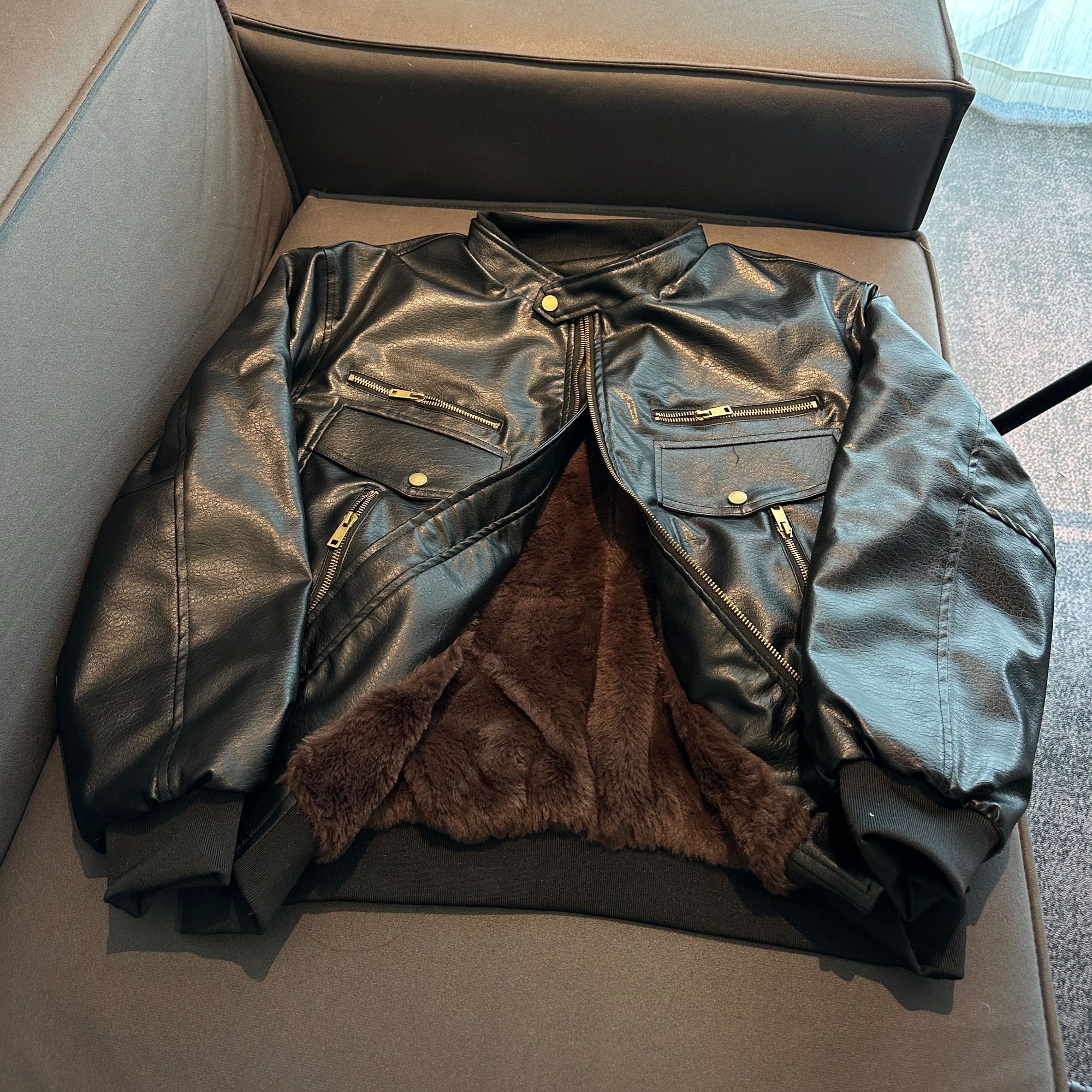 Z320【栗丽子专属】美式复古荔枝纹PU皮衣棉服夹克加厚机车服外套