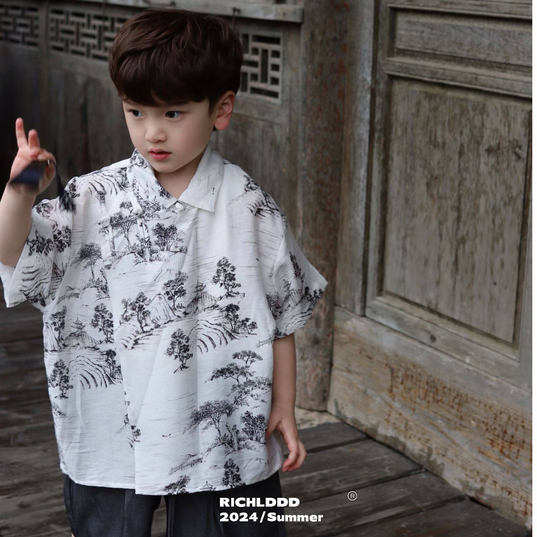 特NO退NO换 卤蛋童装【极简东方】国风人棉衬衫儿童短袖24580