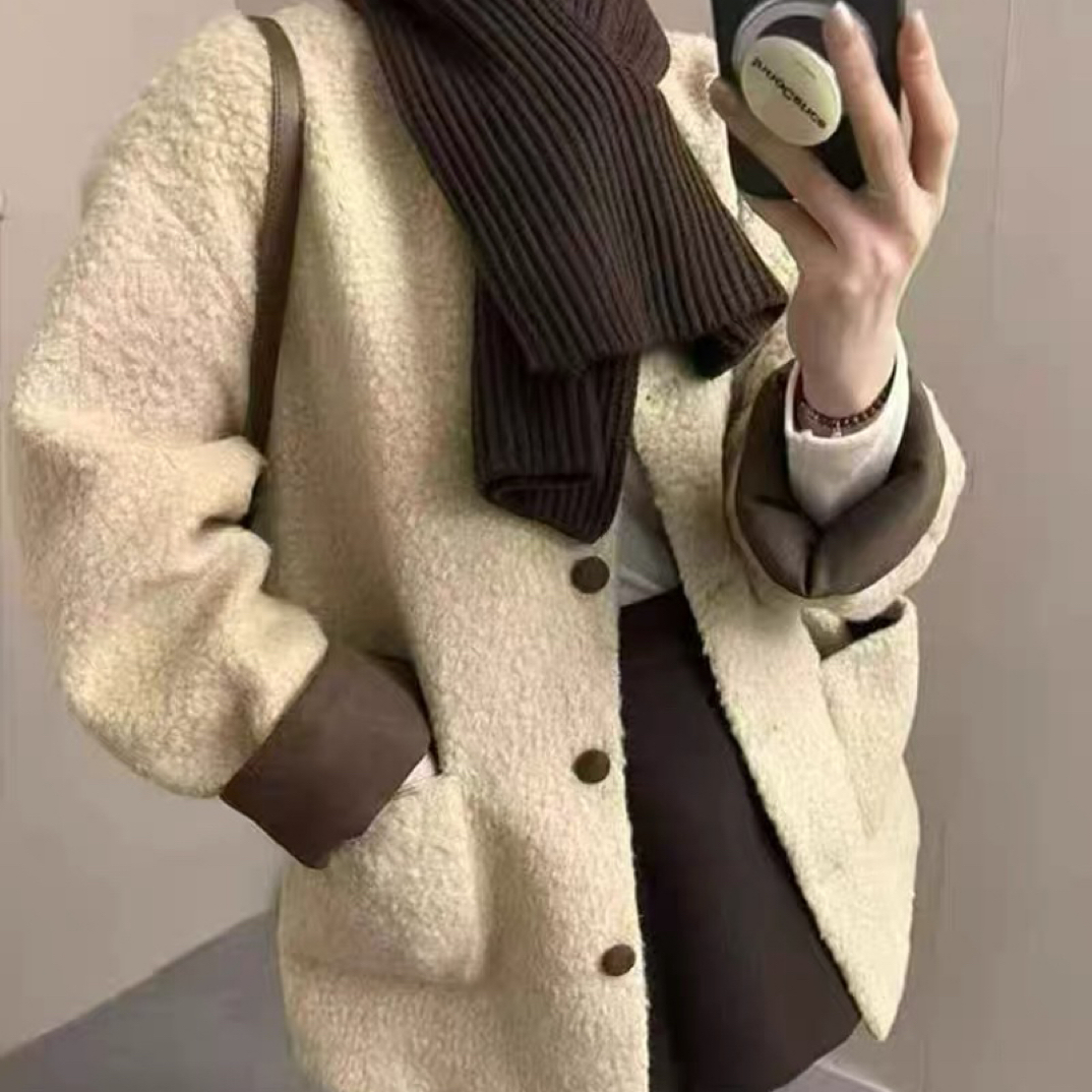 越野兔 卡其色拼咖撞色毛毛外套羽绒服配咖色围巾两件套8865