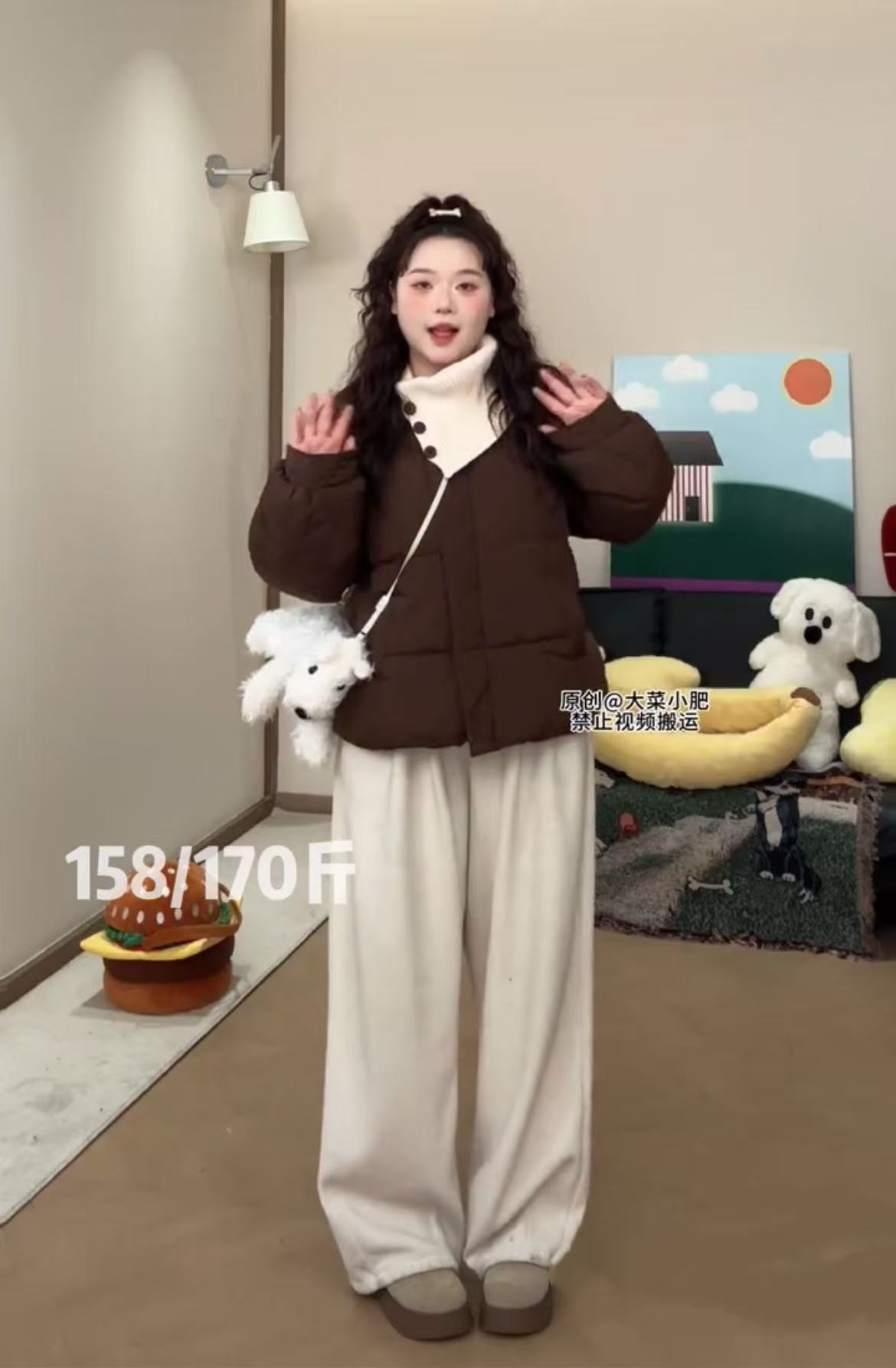 大码大翻领棉服拼接针织短款外套28735