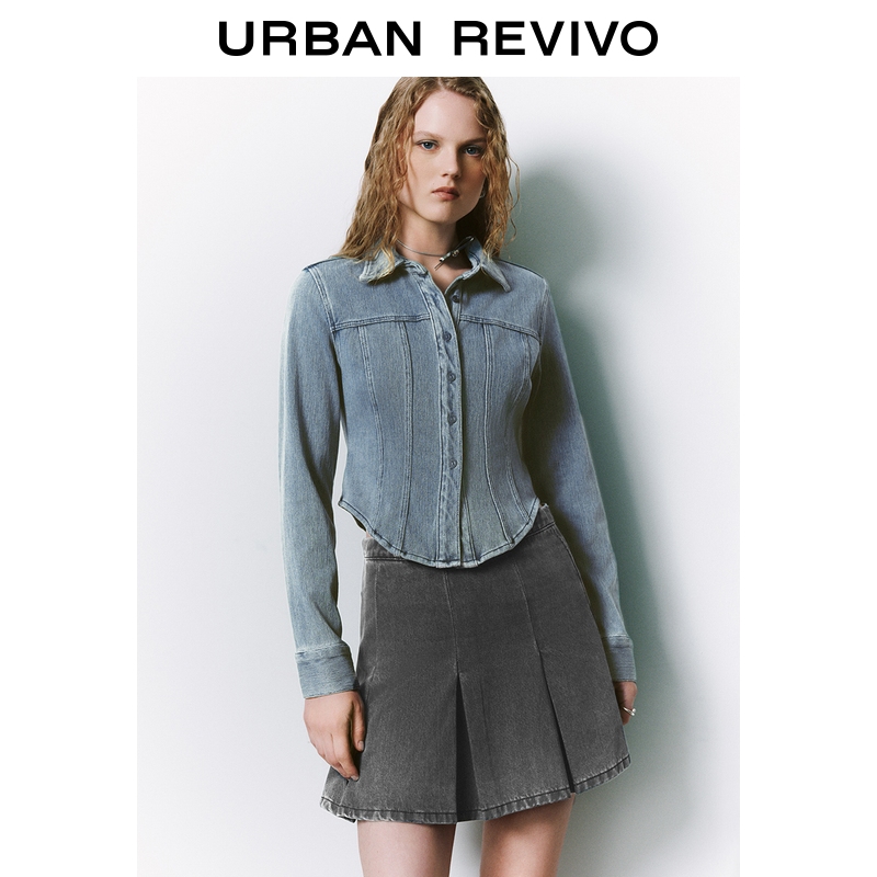 UR2025秋季新款女装复古休闲微收腰长袖牛仔衬衫UYY850180+