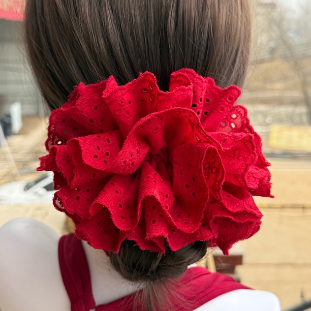 超大直径法式红色四层蕾丝发圈百搭气质发饰