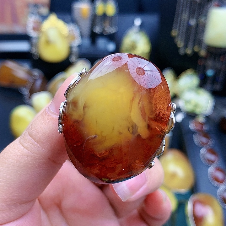 琥珀裸石银S925镶嵌戒指