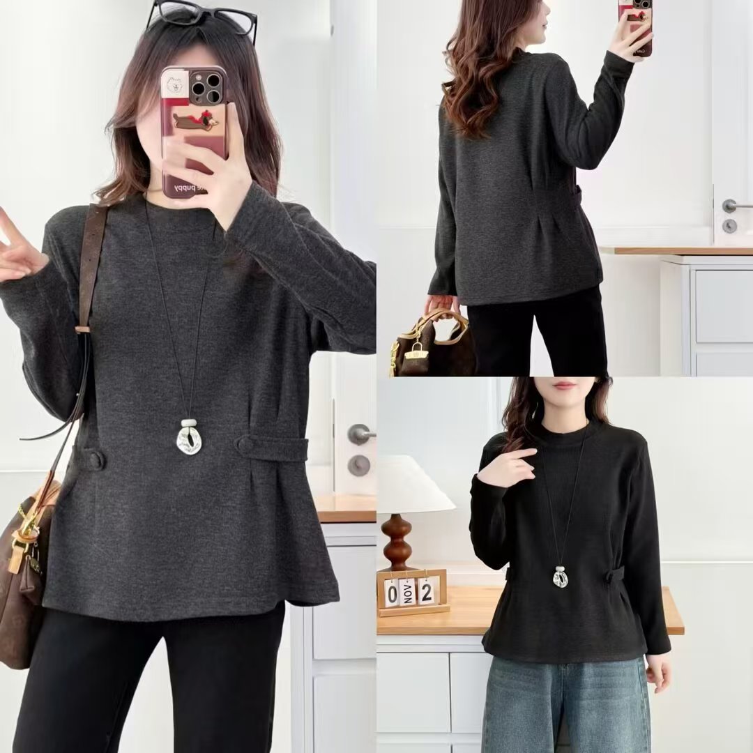 CC大码秋冬新新款老钱风半高领女收腰磨毛T恤圆领韩版网红上衣
