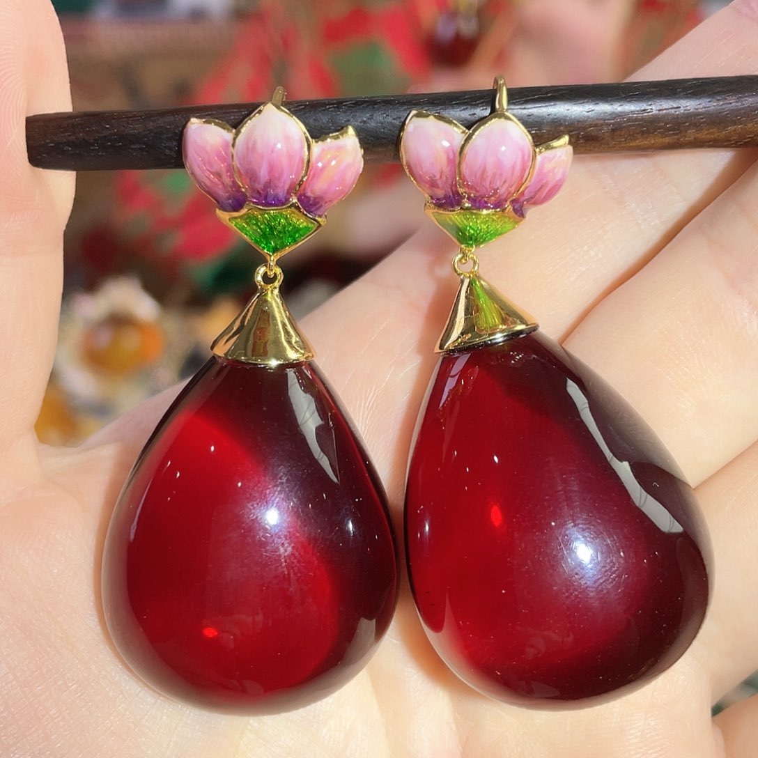 血珀耳环银S925镀金镶嵌27.8克