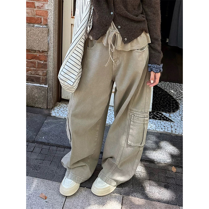 美式口袋弯刀牛仔裤女秋季新款ins风阔腿直筒工装直筒裤休闲长裤