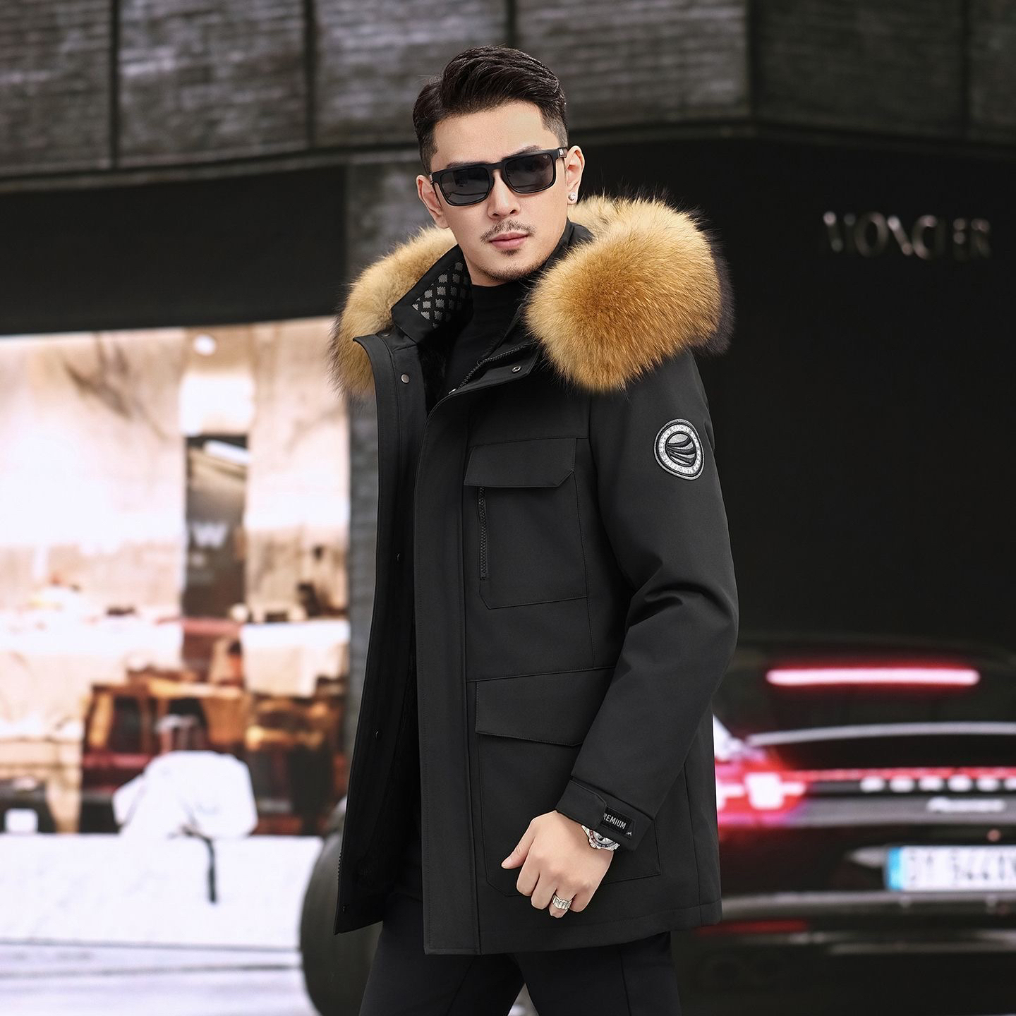 （狐狸毛）男士极寒系列中长款连帽派克大毛领保暖外套