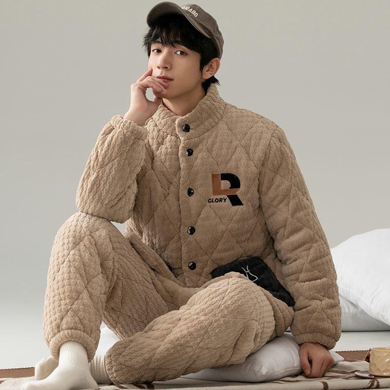 三昌男士睡衣青年冬季三层夹棉珊瑚绒睡衣休闲加绒加厚家居服套装