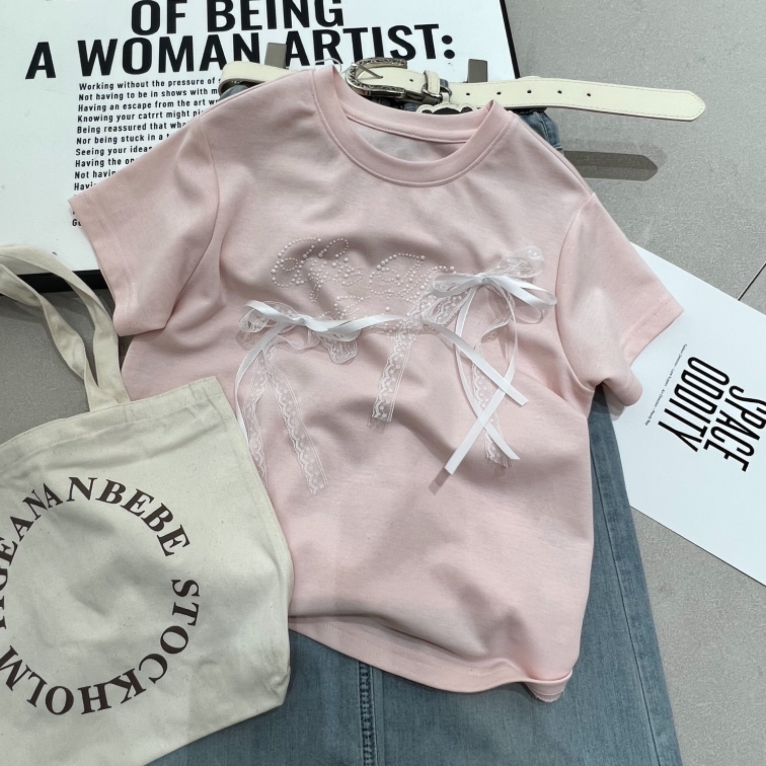 (RAINBOW25年夏)儿童夏季新款蝴蝶结烫钻短袖T2066