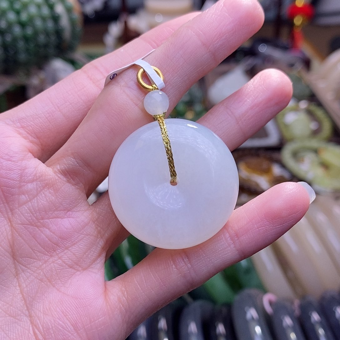和田玉未镶嵌新疆金镶羊脂白玉平安扣吊坠
