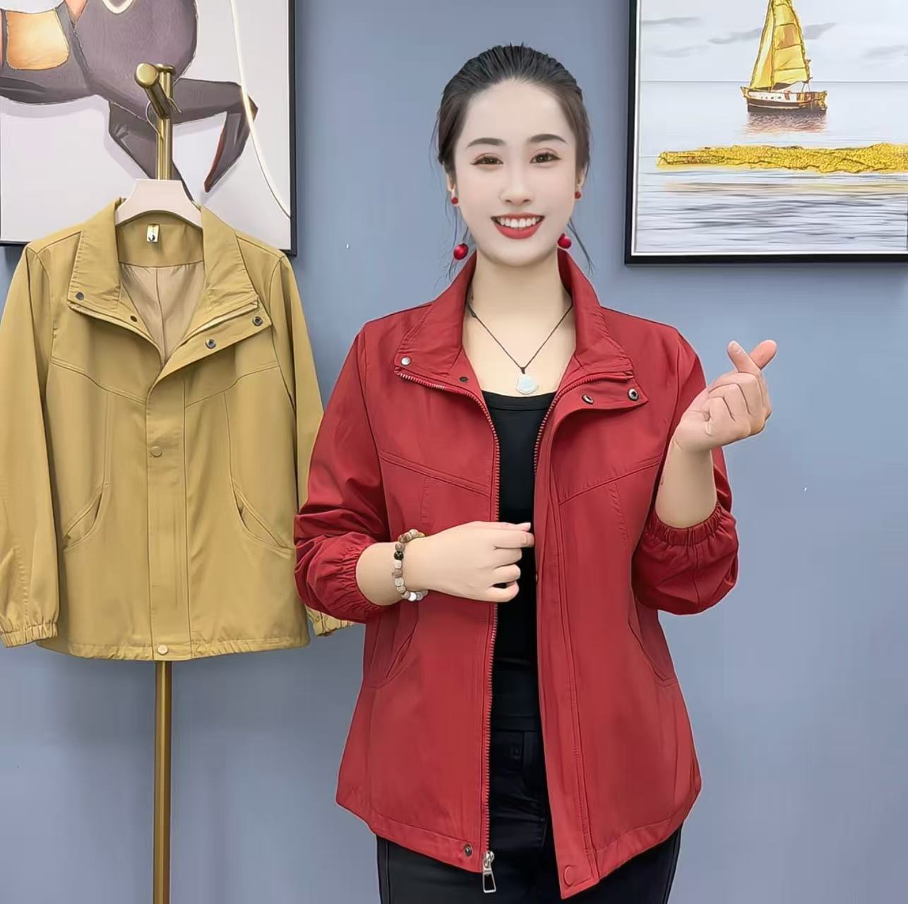 春秋新款时尚妈妈装纯色简约时尚百搭透气显瘦双层外套女810款