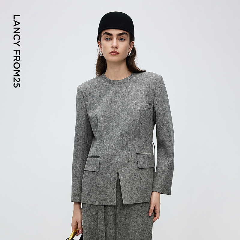 朗姿灰色圆领设计感前开叉高级感西服短外套女士2025年冬季新款