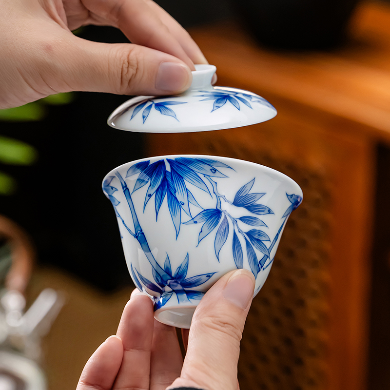 一思堂陶瓷盖碗套组景德镇手绘釉下青花竹韵功夫茶碗茶器茶具