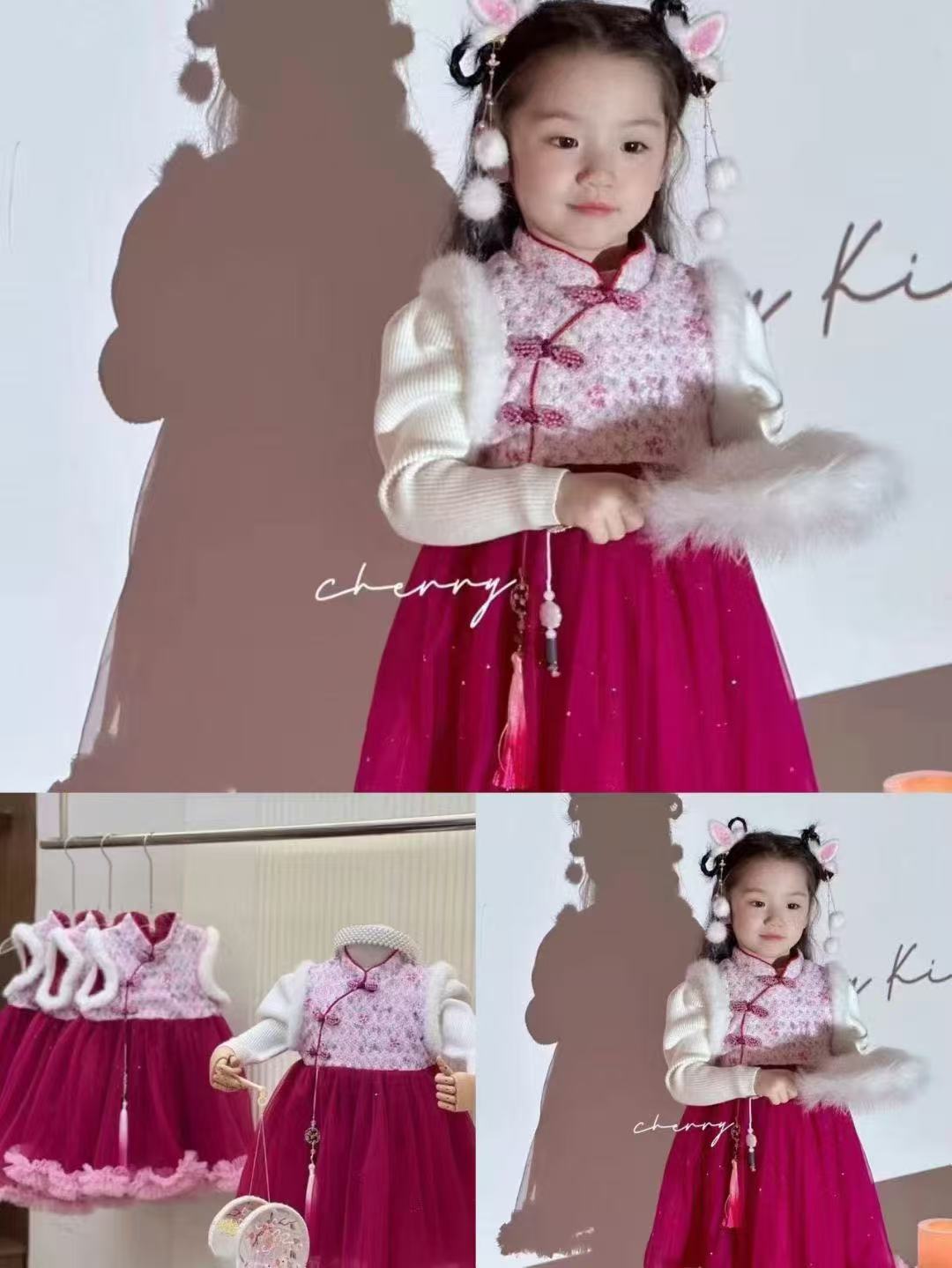 拜年服【火龙果色-加绒连衣裙套装】春款-女童长袖连衣裙