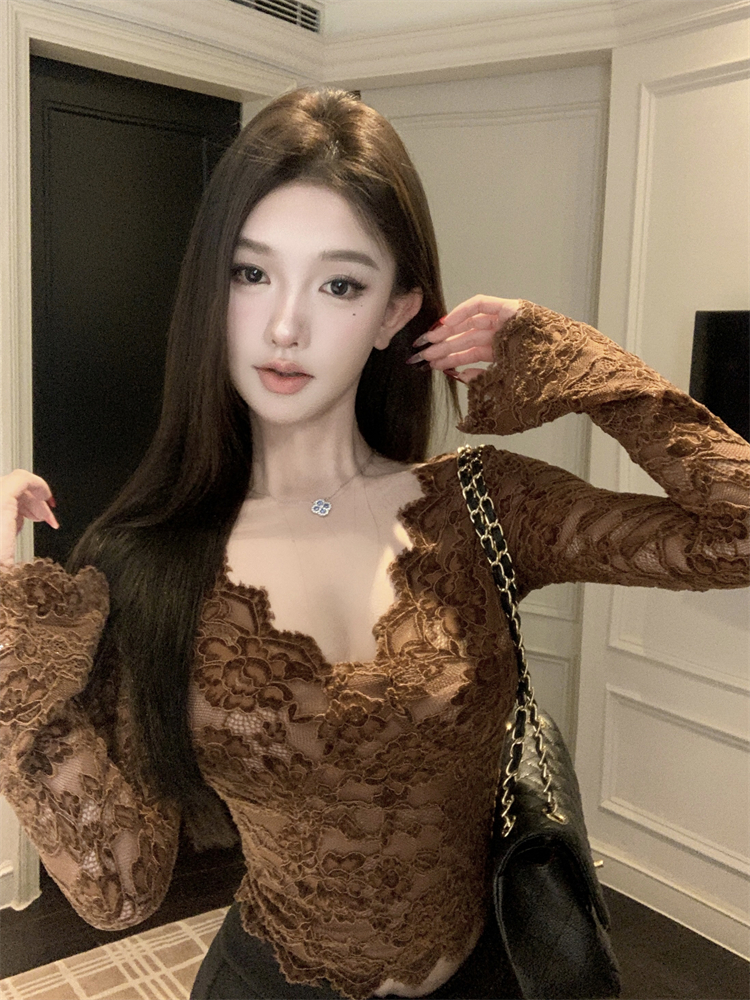 御姐紧身显瘦别致纯欲风V领蕾丝衫打底衫秋冬绝美内搭时尚小衫女