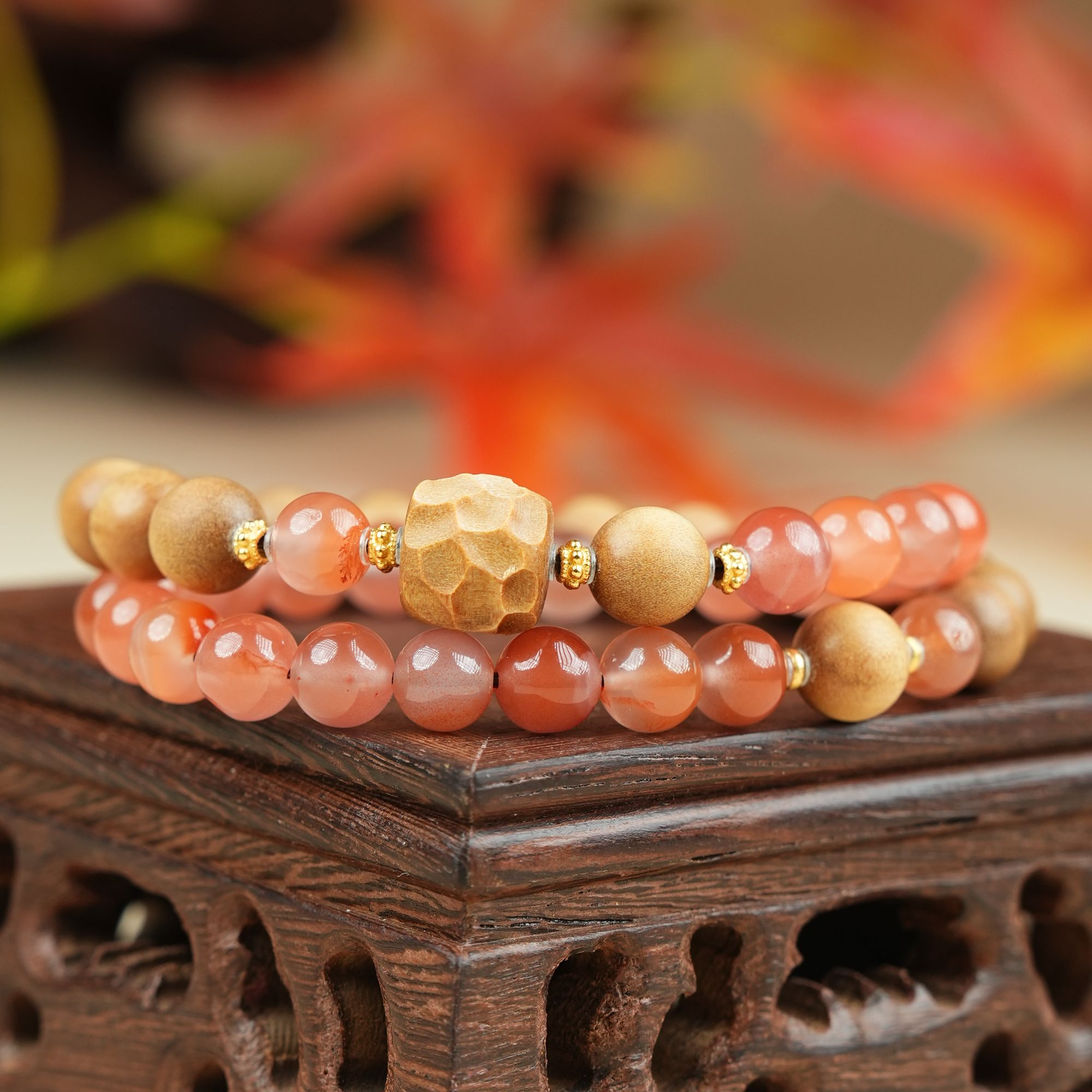 精工老山檀无相珠自由自在南红飘花双圈手串8mm