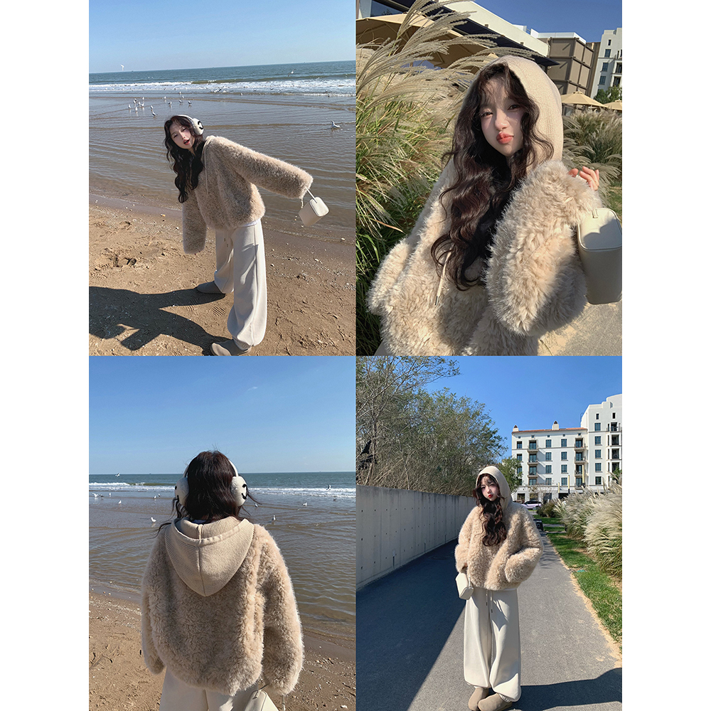 张贝贝ibell设计感减龄百搭针织连帽羊圈绒环保毛软糯毛毛外套女