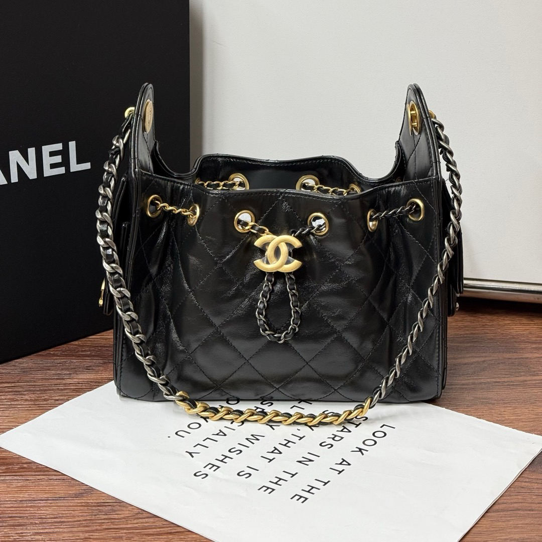95新 Chanel/香奈儿 黑金 油蜡皮 鸳鸯扣25bag mini/633176899