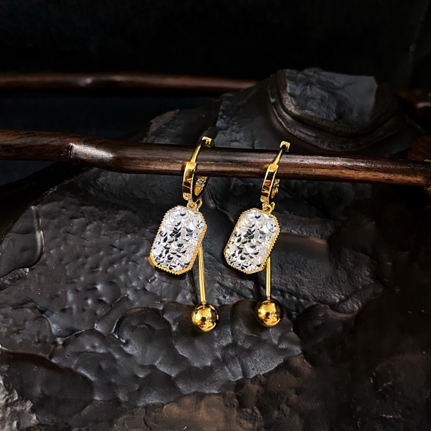 925银耳饰 金银冰方 耳扣吊碎碎冰方牌小众流苏耳环05250659