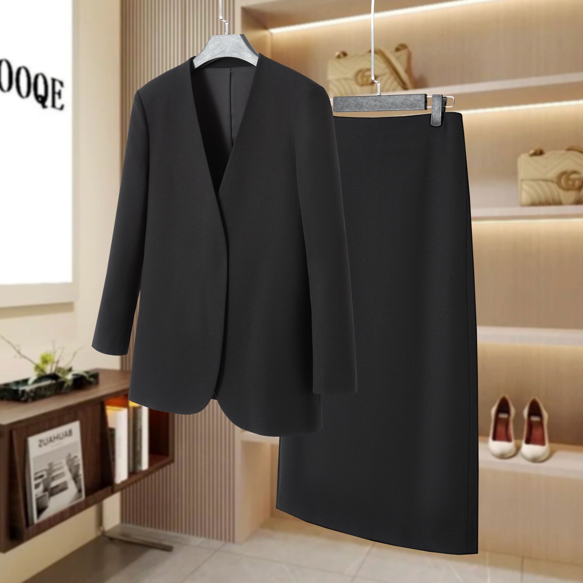 墨尔本西装秋季轻薄时髦直筒通勤V领西服外套后开叉半裙时尚套装