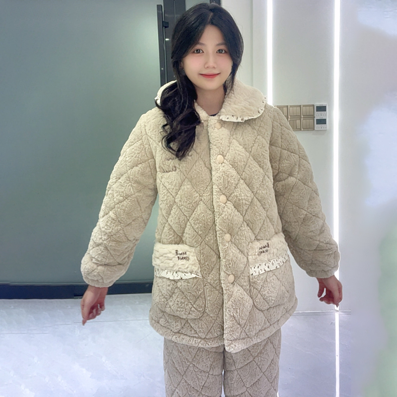 2025冬季新款高定高档女士三层夹棉睡衣女套装保暖加绒加厚家居服