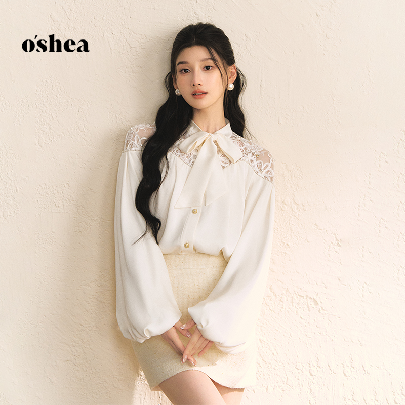oshea【重工限定】白色蕾丝拼接长袖衬衫|法式浪漫缎面蝴蝶结上衣