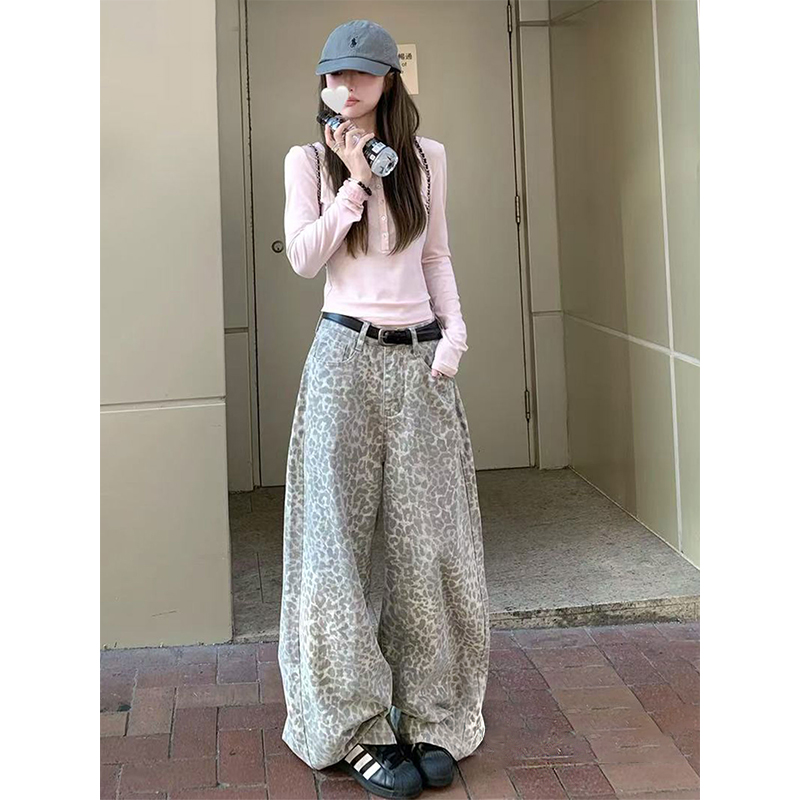 美式豹纹弯刀牛仔裤女秋冬2025新款高腰宽松直筒阔腿镰刀拖地裤子