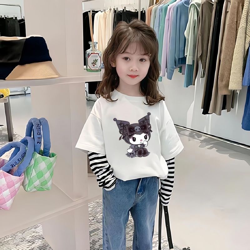新款女童库洛米纯棉假两件条纹袖T恤韩版春秋款儿童洋气外穿上衣