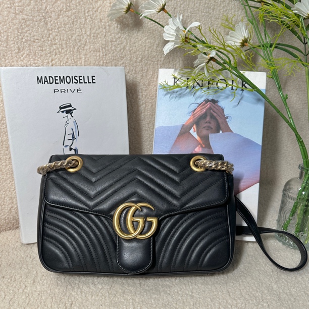95新 GUCCI/古驰 马蒙26 黑金斜挎包 全原95新