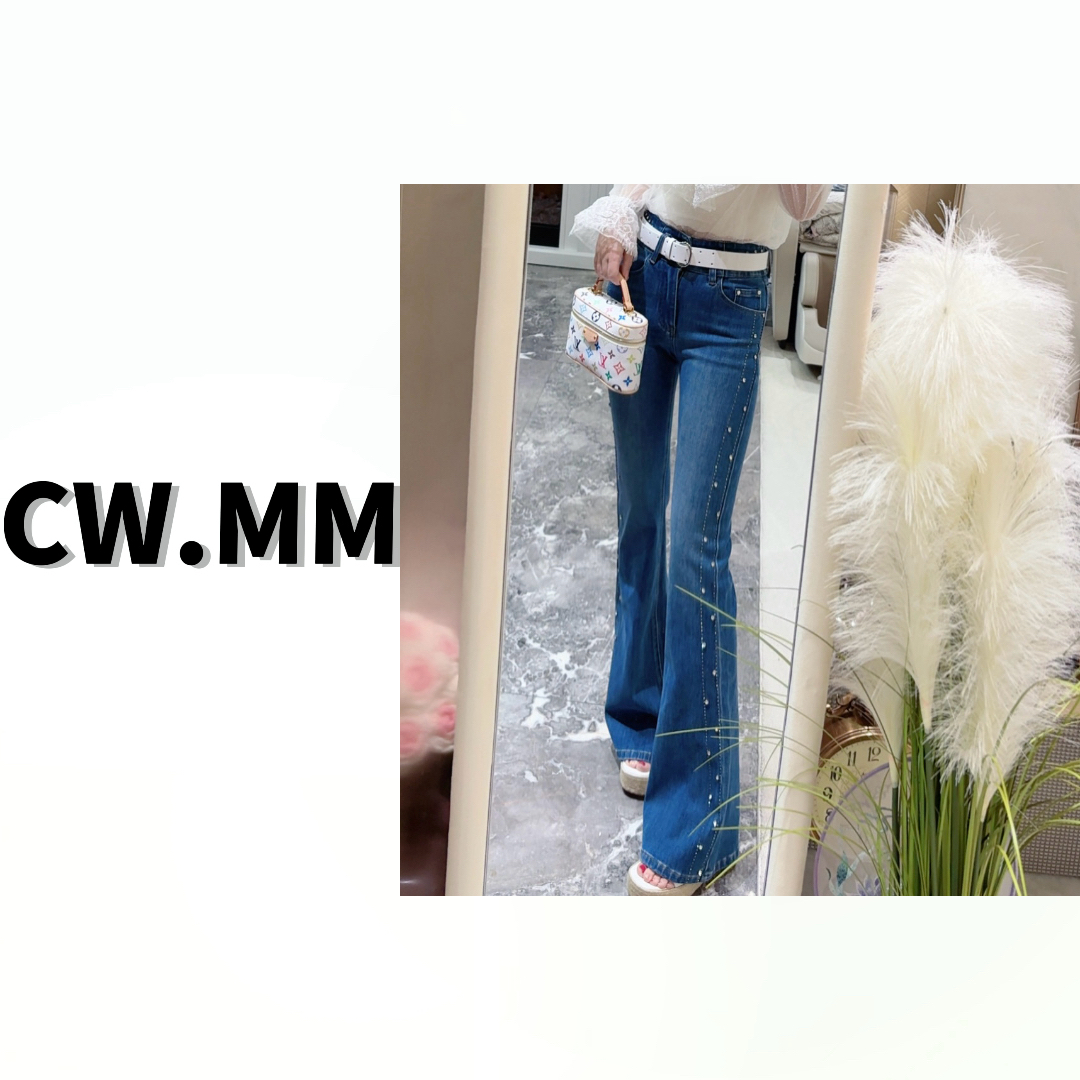 CW.MM 【线条密码】新款蓝色设计感显瘦订钻微喇牛仔裤