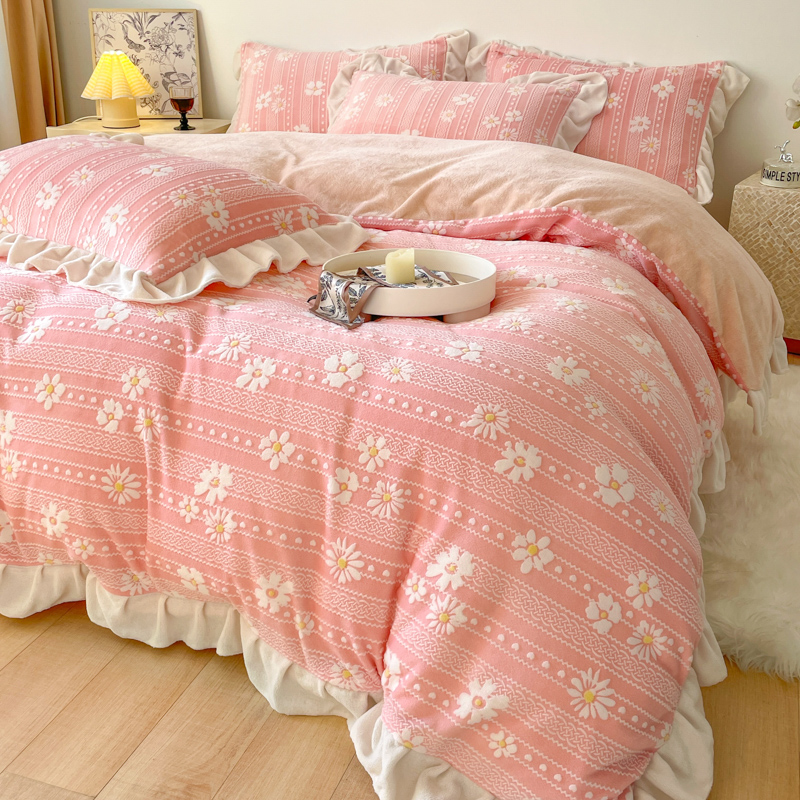高克重秋冬加厚保暖荷叶边雕花韩式小雏菊牛奶绒四件套床上用品