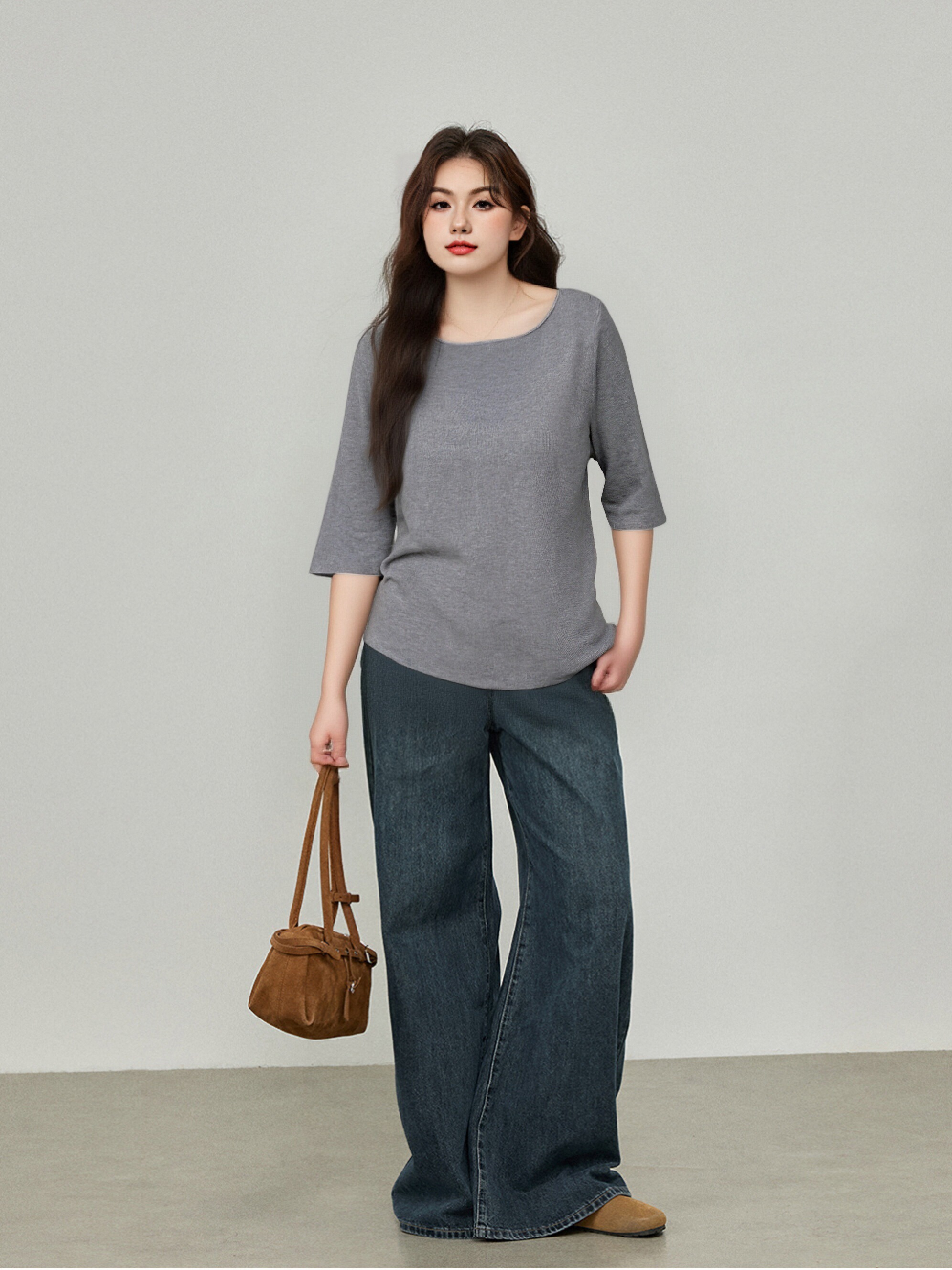 大码女装一字领百搭上衣秋2025新款胖mm内搭打底衫女针织衫