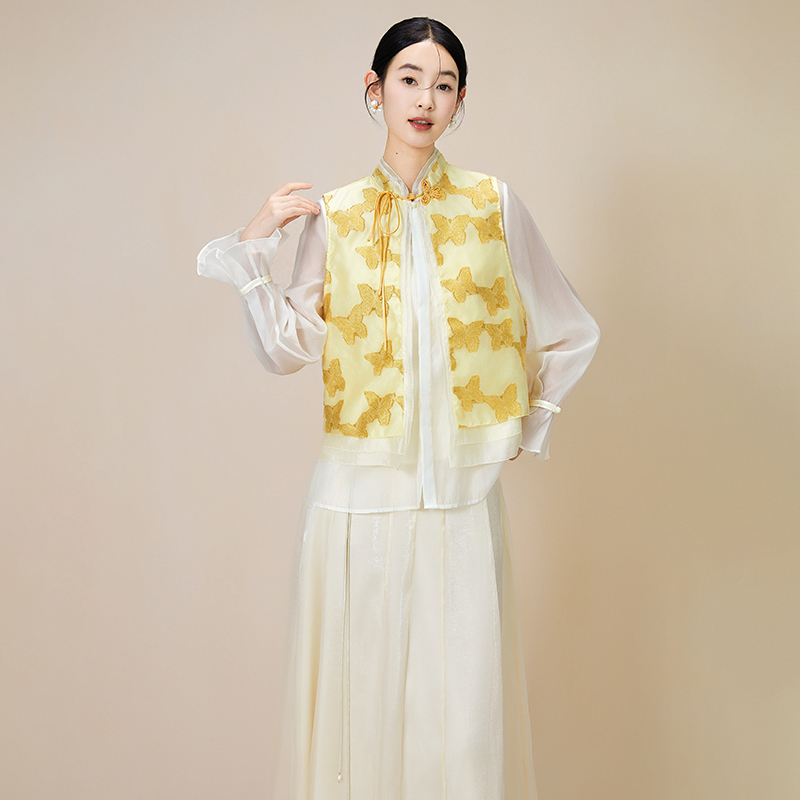 拾白金福蝶 新中式时尚春夏薄款清新马甲织金无袖盘扣上衣SU9217