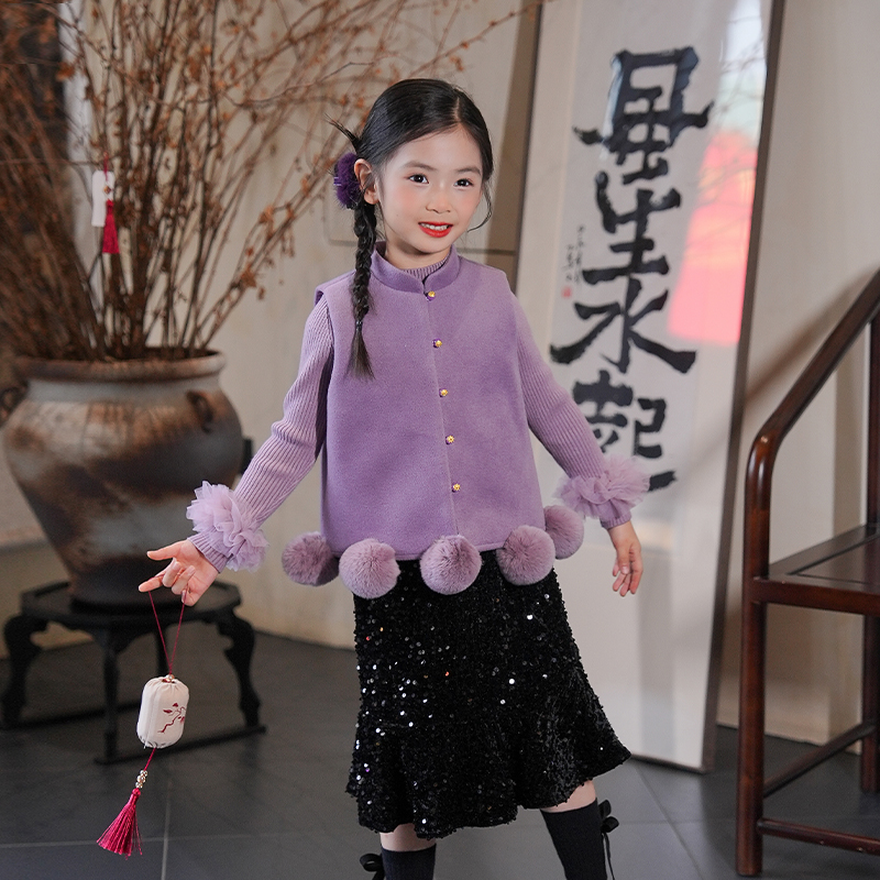 80884女童马甲新中式紫色立体毛球立领毛呢坎肩背心2025冬季新款