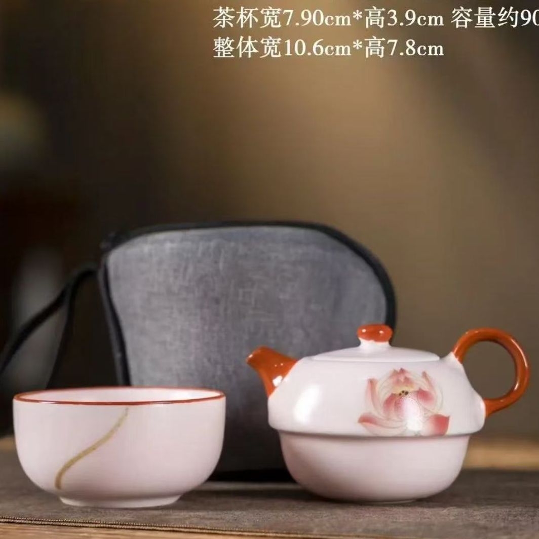 龙窑茶器   粉汝套杯壶旅行包【荷花】-灰布包      4637（专属）