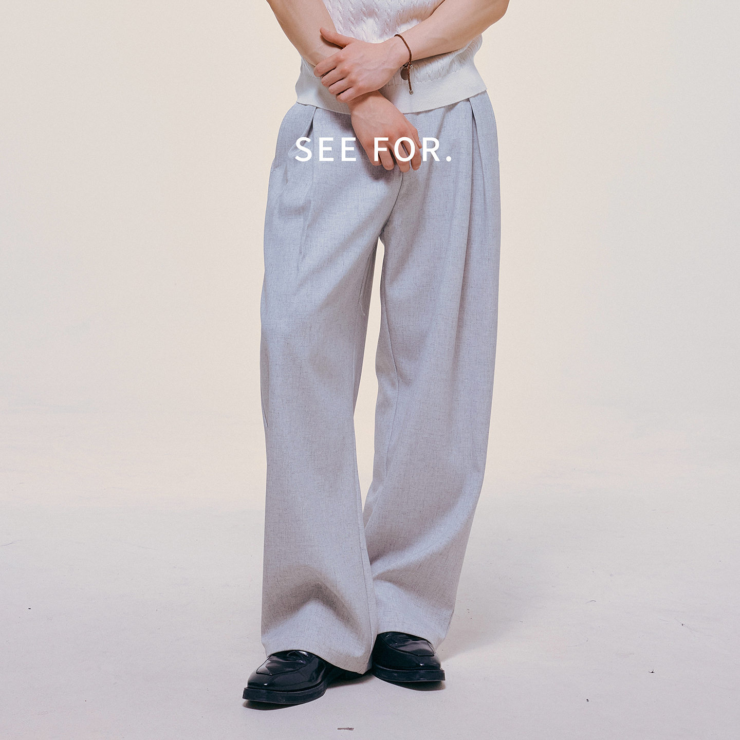  SEE FOR 工字对褶 亚麻混纺纯色休闲裤男宽松垂感A字型西裤秋季
